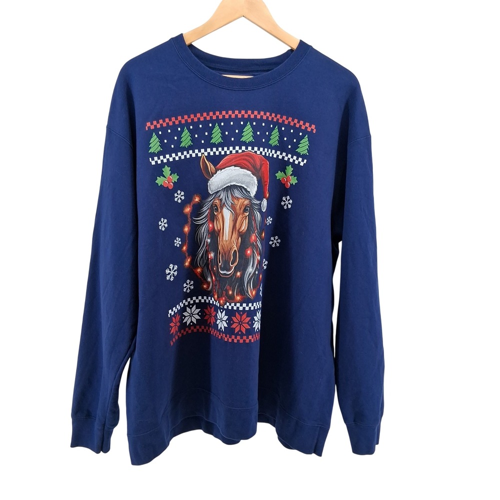 Retro Horse Christmas Sweatshirt Blue Holiday Crewneck Santa Ugly‎ Sweater XL